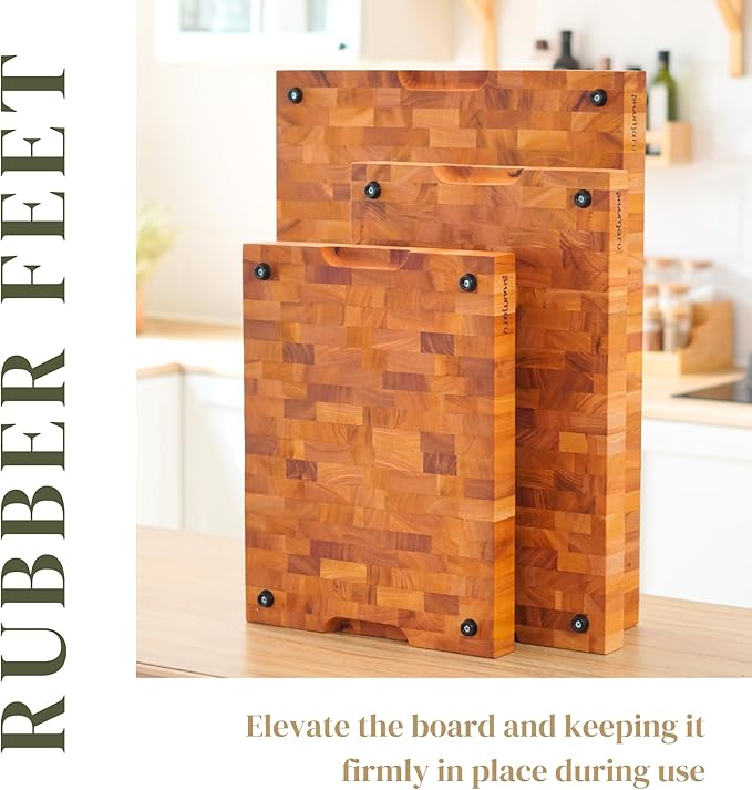 SHUMARU Mahogany End-Grain Wood Cutting Board – 16.5x12.6x1.6" Butcher Block | Handmade in Bali - Silky-Smooth, Juice Groove, Knife‑Friendly, Ergonomic Grips & Non‑Slip Feet