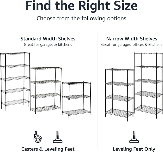 Amazon Basics 3-Shelf Adjustable Heavy Duty Steel Wire Rack Storage Shelving Organizer for Kitchen, Garage, 23.2" L x 13.4" W x 30" H, Black