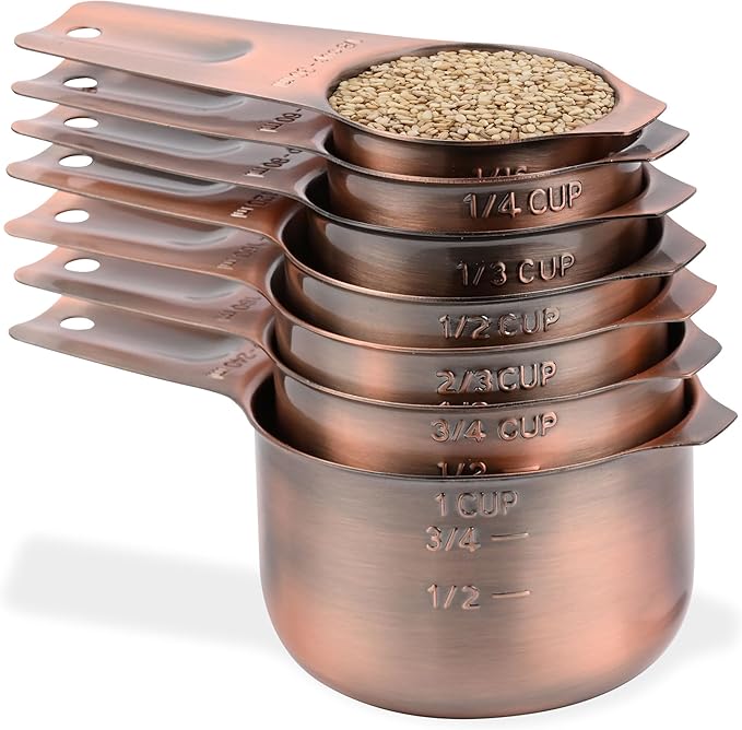 zoyizi Copper Measuring Cups Set 7, Stainless Steel Measuring Cups for Kitchen & Baking, Metric & US Measuring Tools for Dry and Liquid, Metal Measure Cups with 1/8, 1/4, 1/3, 2/3, 3/4 Cup