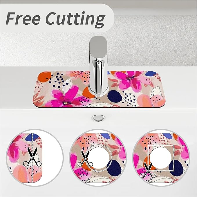 Kitchen Sink Splash Guard，Pink-orange flowers Faucet Mat Sink Gadgets-Super Absorbent Fast Drying Mat Drip Catcher for Kitchen, Bathroom,Sink Mat, Dish Drying Mat, Bathroom(15" X 5.5" )