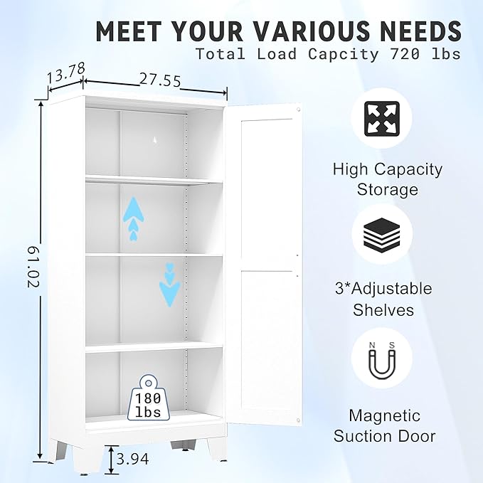 61.02" Pantry Cabinet, Kitchen Pantry Storage Cabinets with Adjustable Shelves and Feet, White Pantry Storage Cabinet for Kitchen, Dining Room, Living Room and Bathroom (White) Metal