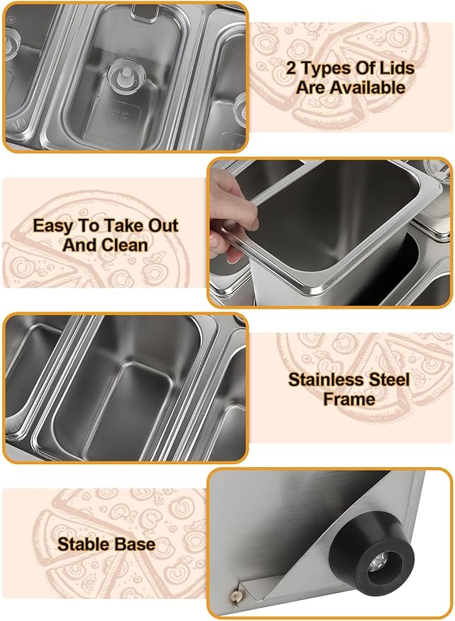 Lanstics Pizza Topping Station Pizza Storage Container Topping containers with Lids Spoon Condiment Organizers Buffet Containers Set for Restaurant Pizza Sauce Jam Fruit Ingredient Pantry (8 Pans)