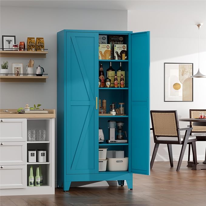 YNIQUESTLE Farmhouse Pantry Cabinet with Barn Doors, 71" H x 31.5" W, 5-Tier Metal Storage Cabinet with 4 Adjustable Shelves for Kitchen Garage Dining Room,Blue