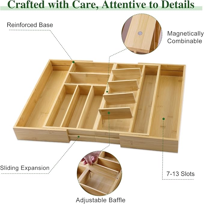 MH MYLUNE HOME Large Bamboo Expandable Drawer Organizer, Silverware Organizer for Drawers, 16 to 30 Inches Wide, 7-13 Slots, Kitchen Drawer Organizers for Utensils, Bamboo Wood Cutlery Organizers