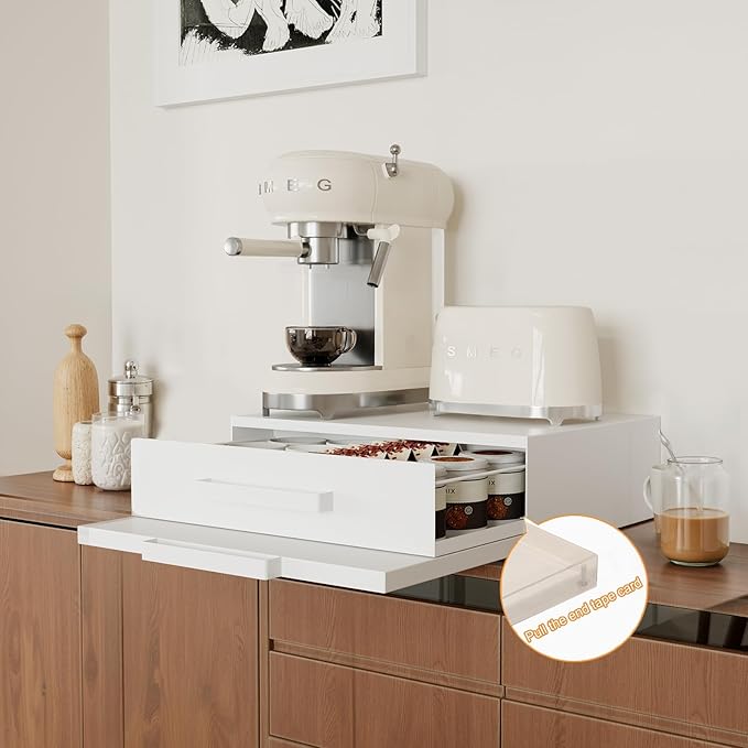 VibeNest Steel Microwave Stand with Pull-Out Drawers & Shelves | Countertop Organizer for Compact Microwaves, Coffee Station & Kitchen Appliance Storage (White+Drawer+Shelf)