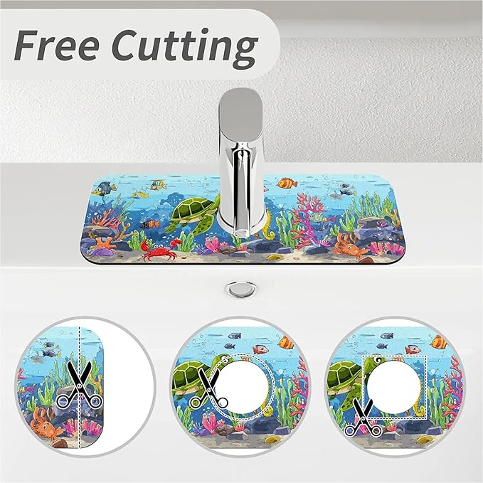 Kitchen Sink Splash Guard，Happy Underwater World Faucet Mat Sink Gadgets-Super Absorbent Fast Drying Mat Drip Catcher for Kitchen, Bathroom,Sink Mat, Dish Drying Mat, Bathroom(15" X 5.5" )
