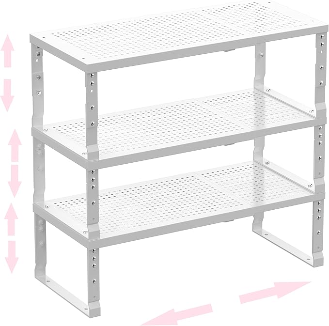 Asiingkel Metal Stackable Expandable Storage Shelf - Multi-Functional Home Storage Shelf, Suitable for Kitchen, Cabinet，Bathroom, Office, Garage, etc.（3PACKS/White/Large