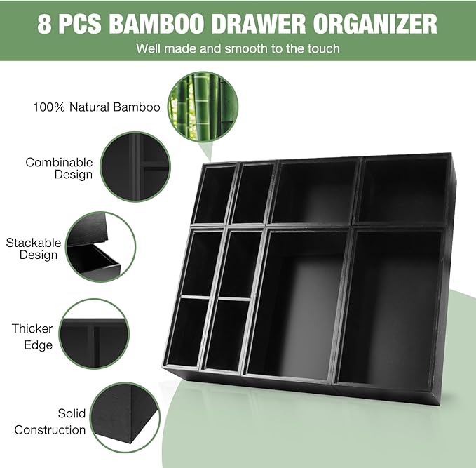 Bxngjuj Bamboo Drawer Organizer Set, 8 PCS Multi-Use Wood Drawer Storage Boxes, Junk Drawer Organizer Divider Bins for Kitchen, Bathroom, Office Desk, Makeup, Jewelry, Utensils