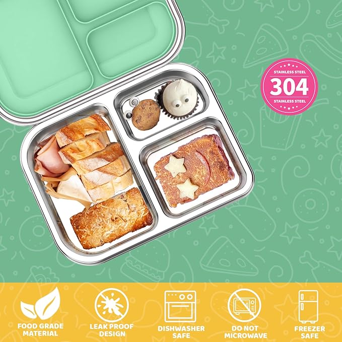 Stainless Steel Bento Box for Kids 1000ml - 3 Compartment Lunch Box for Adults, Leakproof Food Container, BPA-Free Metal Lunch Box with Silicone Seal, Eco-Friendly/Dishwasher Safe (Green)