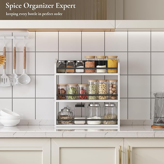 BCOZLUX 3 Tier Wooden Spice Rack, Seasoning Jars Rack Shelf Spice Organizer for Countertop or Wall Mount, Vertical Spice Holder for Kitchen Counter, Cabinet, Pantry, White