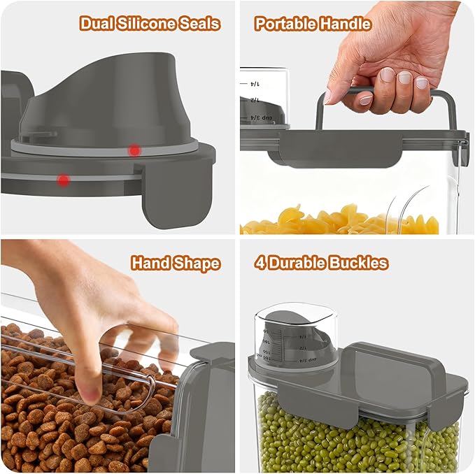 Dog Cat Food Storage Container, 5-7Lbs Pet Food Containers, Airtight Cat Food Container with Portable Handle & Measuring Cup, Small Animal Dry Food Dispenser for Dogs, Cats and Birds Grey