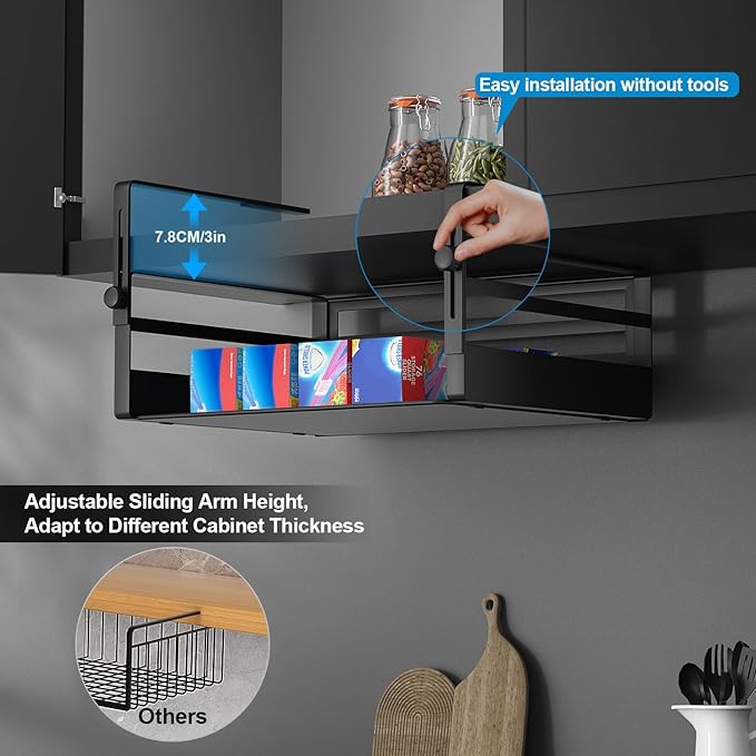 2 Pack Under Shelf Basket Organizers,Adjustable Hanging Under Cabinet Add-on Storage Racks Slide-in Baskets Organizer for Laundry Room Kitchen Pantry Desk Bookshelf, Black