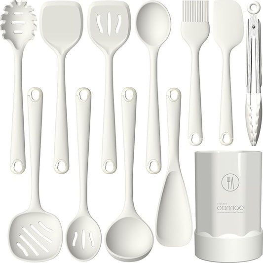 oannao Silicone Kitchen Utensils Set, 600°F Heat Resistant Silicone Cooking Utensils, Spatula, Spoon, Whisk, Tongs, Kitchen Gadgets for Nonstick Cookware, Dishwasher Safe BPA Free (Cream White)