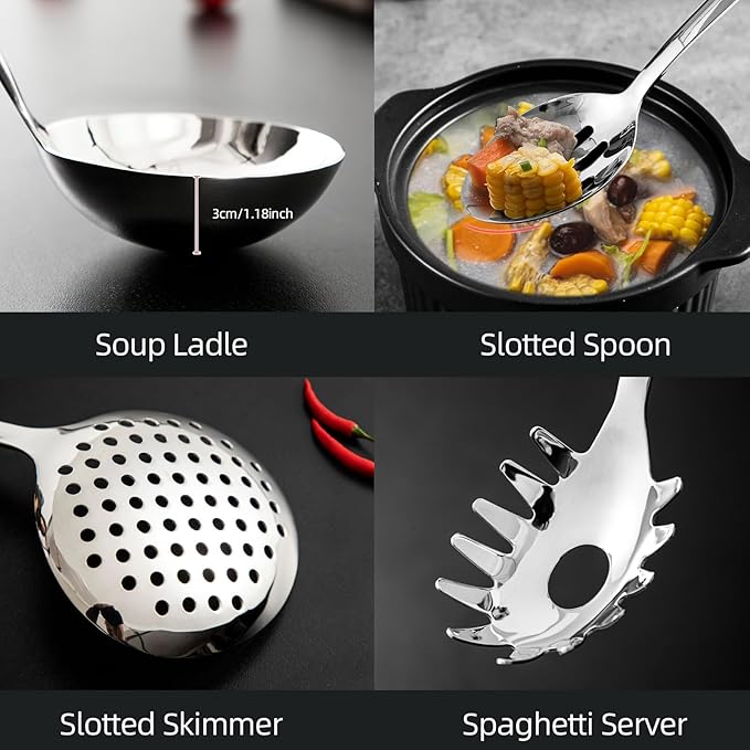 MAXCOOK 18/8 Stainless Steel Cooking Utensil set, 8 Pieces Metal Kitchen Utensils set, Slotted Spoon,Meat Fork,Ladle,Skimmer,Spatula,Spaghetti Server,Large Spoon,Masher (Dishwasher Safe, Silver)