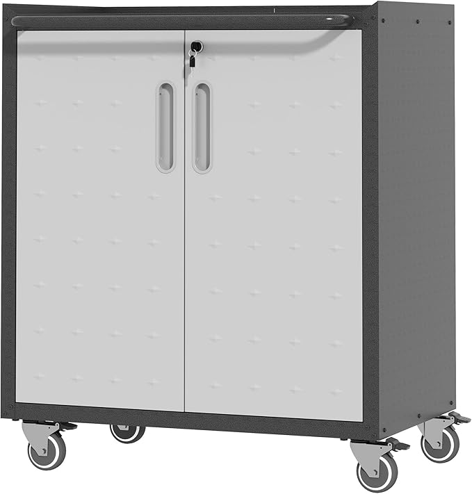 BIZOEIRON Metal Storage Cabinet with Wheels, Rolling Tool Cabinet with Doors and Shelves, Lockable Garage Storage Cabinet, Assembly Required (Black & Grey)