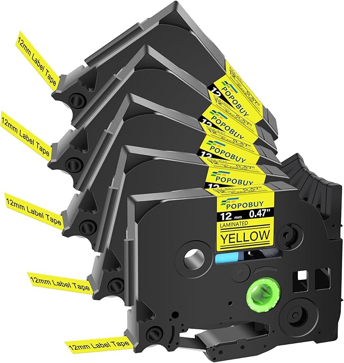 TZ TZe 12mm 0.47 Laminated Yellow Tape Compatible for Ptouch TZ631 TZ-631 TZe-631 TZe631 Label Tape for PTD210 PTD400 PTD220 PTH110 Label Maker, 5 Pack Black on Yellow