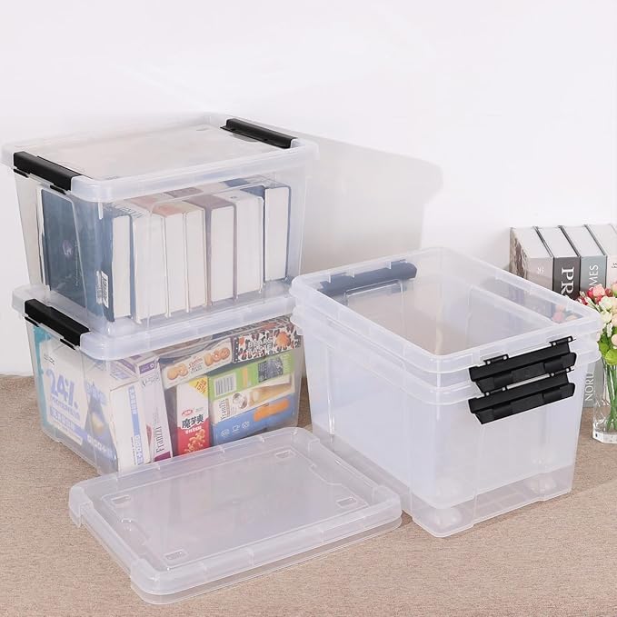 Hespama 4-Pack 22 Quart Clear Latching Storage Bin, Plastic Lidded Storage Box with Wheels