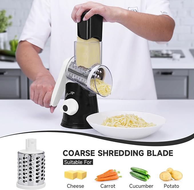REDPANT Rotary Cheese Grater with Handle, Kitchen Mandoline Vegetable Slicer with 3 Interchangeable Blades & Strong Suction Base, Easy to Clean Grater for Vegetables, Fruit, Nuts, Black
