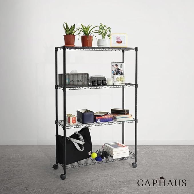 CAPHAUS NSF Black Adjustable Shelf Wire Shelving Unit w/Liner, Basement Storage Shelving, Metal Steel Storage Shelves, Garage Shelving Storage Organizer, Utility Shelf, 4-Tier W/Wheels