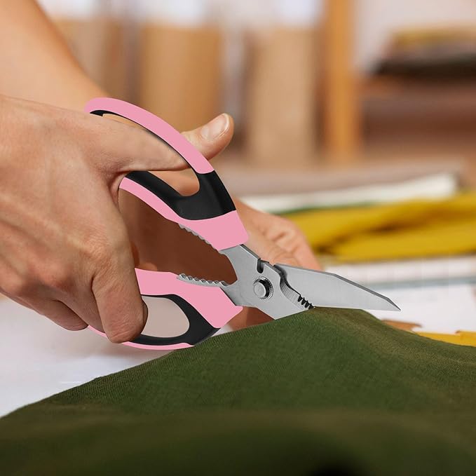 BoFuYuan 8-Inch Utility Scissors All Purpose Heavy Duty, Serrated Blade, Pink Comfort Grip for Cutting Carpet, Cardboard, Leather, Fabric, Multipurpose Sharp Shears for Kitchen, Garden, Office, Carft