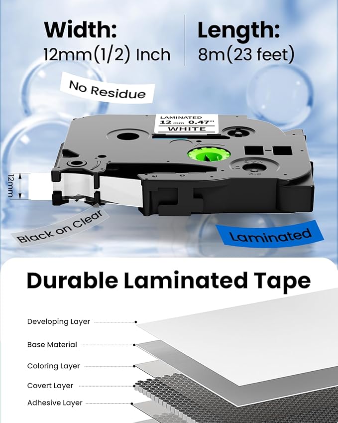 PT-D220 PTD210 PTD400AD PT-H111 PT-1750 Label Maker Tape 12mm 0.47 Laminated, Ptouch Label Tape Replacement for Brother TZ TZe Tape Compatible with Brother P-Touch Refills 1/2 Inch x26.2 Ft, 6 Pack