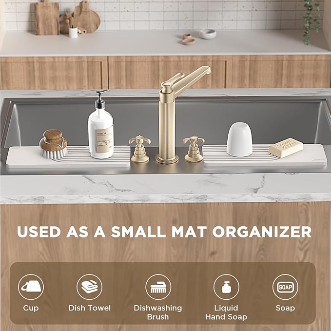 Faucet Mat for Kitchen Sink, Diatomite Stone Drying Sink Protectors, Bathroom Faucet Splash Guard, Quick Dry Water Absorbing, Non-Slip Tray for Kitchen Counter, White, 11.8" x 3.9" x 2pcs
