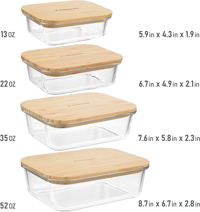 dokaworld Set of 4 Stackable Space-Saving Nesting Glass Containers with Airtight Bamboo Lids - Lunch, Meal & Food Prep - Microwave & Oven Safe BPA Free Durable Heat Resistant Inert Borosilicate Glass