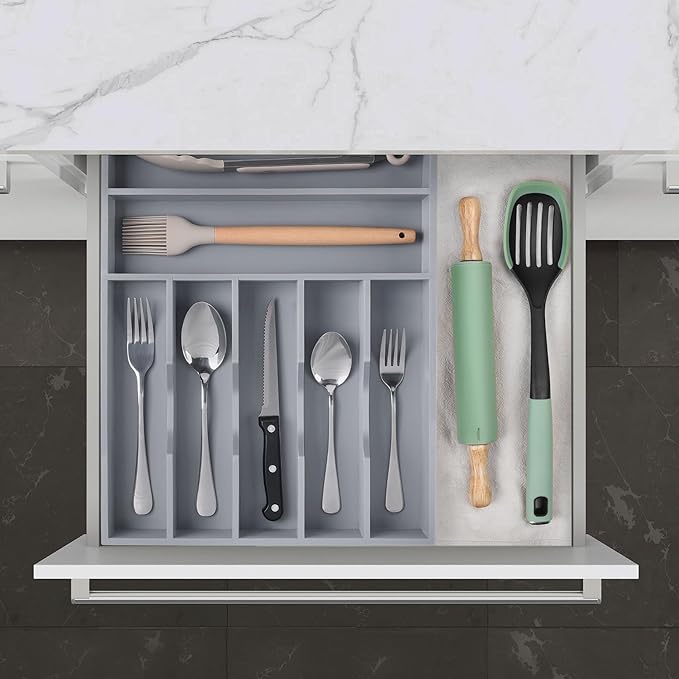 oridom Kitchen Bamboo Silverware Organizer, Kitchen Drawer Organizer - Utensil Holder and Cutlery Tray with Grooved Drawer Dividers for Flatware 7 Slot, Grey