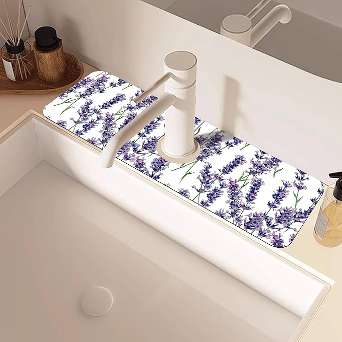 Watercolor Lavender Bunches Kitchen Sink Splash Guard Mat Absorbent Fast Drying Mat Faucet Draining Mat Sink Splash Guard Behind Faucet Drip Catcher for Kitchen Bathroom 5.5"×15"