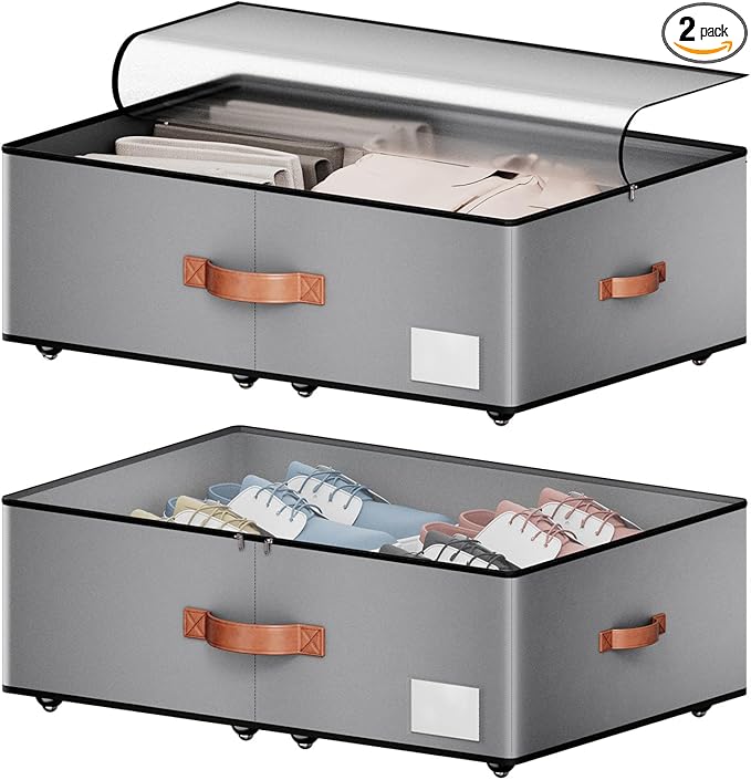 Under bed Storage With Wheels,Large Capacity 10 inches Height Storage Bins,Rolling Under bed Shoe Storage Containers,Under bed Storage Drawers for clothes & blankets
