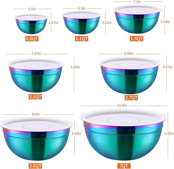 LKTDYMEG Rainbow Mixing Bowls with Lids Set of 7, Stainless Steel Nesting Bowl with Khaki Lid for Non-slip Mixing Prepping Storing Serving, 7 Sizes-7/3.6/2.7/2.1/1.5/1/0.8 QT