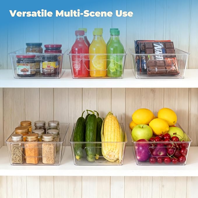 6 Pack Pantry Organizers and Storage, Clear Plastic with 3 Removable Dividers, for Tea Bag, Snack, Seasoning Organizer – BPA Free Perfect in Pantry and Fridge