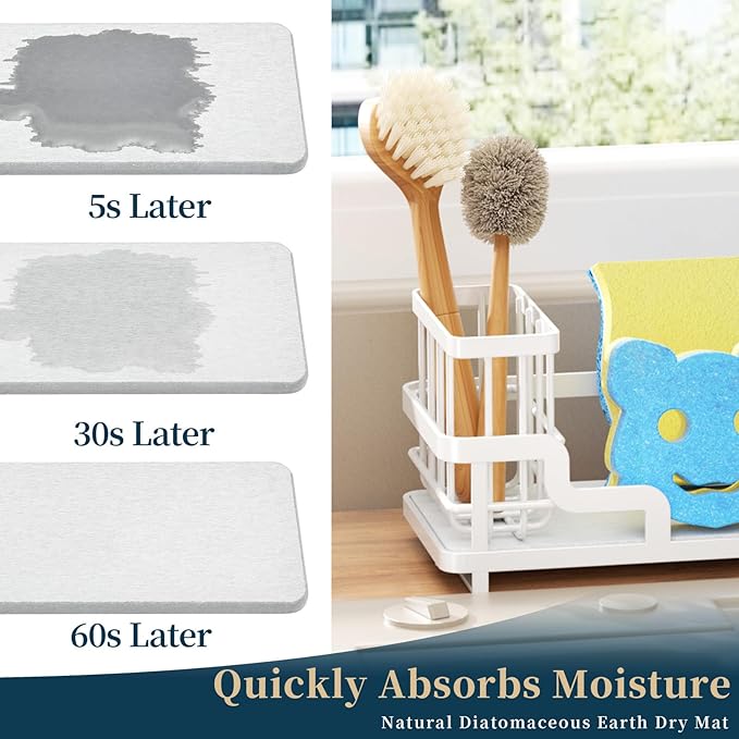 Consumest Sponge Holder for Kitchen Sink - Sink Caddy Organizer with Water Absorbing Stone Tray, Detachable Brush Holder, Stainless Steel Kitchen Counter Organizer Rack, White