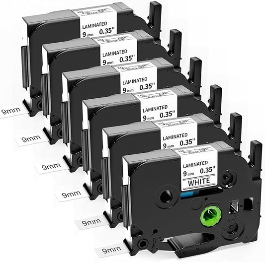 Labelife 6-Pack TZe TZ Tape 9mm 0.35 Laminated White Label Tape TZe-221 Replace for Brother P Touch 9mm Label Tape TZe221 TZ221 for Brother Label Maker PT-D210 PT-D220 PT-H110 PT-D400 PT-D610BT PTD200