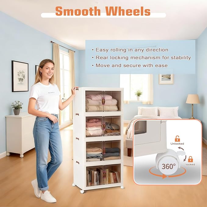 FAHKNS 120Gal/480Qt Stackable Storage Bins, Collapsible Storage Bins with Lid, Extra Large Closet Organizers and Storage with Transparent Door, Suitable for Home Bedroom or Kitchen, White