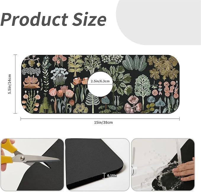 Kitchen Sink Splash Guard，Plants flowers and trees Faucet Mat Sink Gadgets-Super Absorbent Fast Drying Mat Drip Catcher for Kitchen, Bathroom,Sink Mat, Dish Drying Mat, Bathroom(15" X 5.5" )
