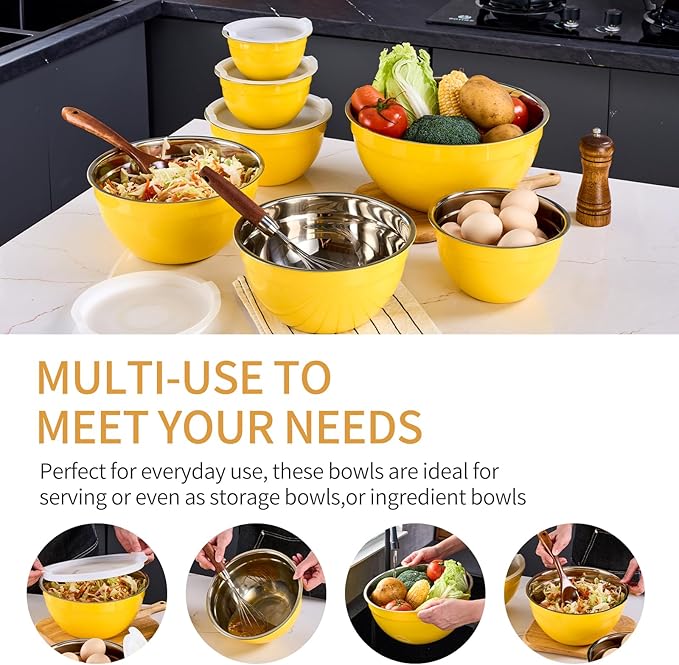 Onlycooker Yellow Mixing Bowls With Airtight Lids,Stainless Steel Bowl,Salad Bowls 7 Piece Colorful Nesting Bowl Yellow Kitchen Accessories,Size 7,3.6,2.7,2.1,1.5,1.1,0.8QT Stackable Design