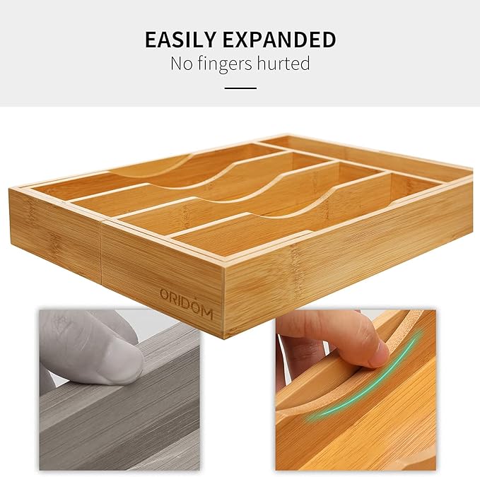 oridom Expandable Bamboo Kitchen Drawer Organizer for Cutlery and Utensils, Adjustable Bamboo Wood Cutlery Tray in Drawer for Flatware and Silverware in Kitchen, (Natural)