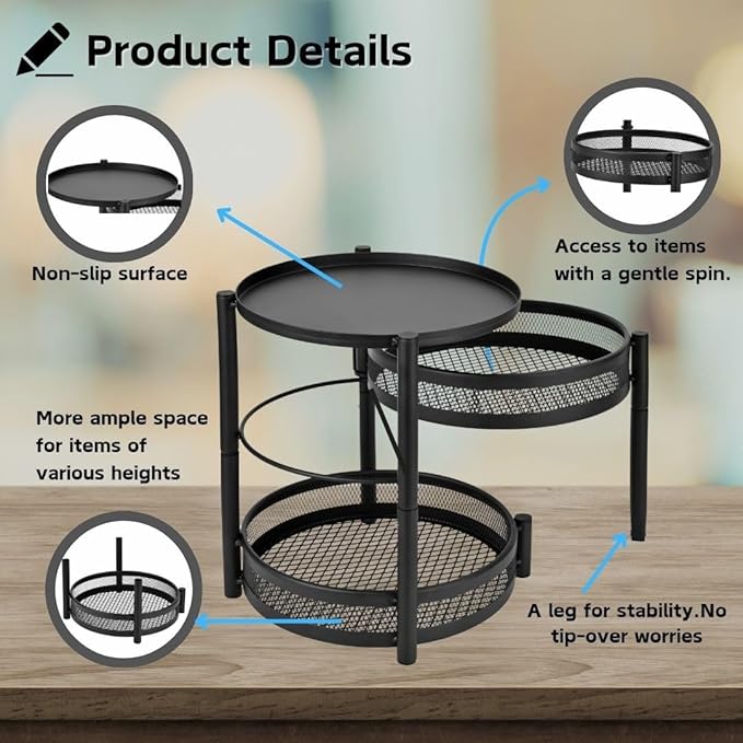 IBERG 3 Tier Spice Rack with Rotating Middle Tier, Mesh Steel Countertop Organizer for Kitchen, Coffee Bar & Bathroom (Black)