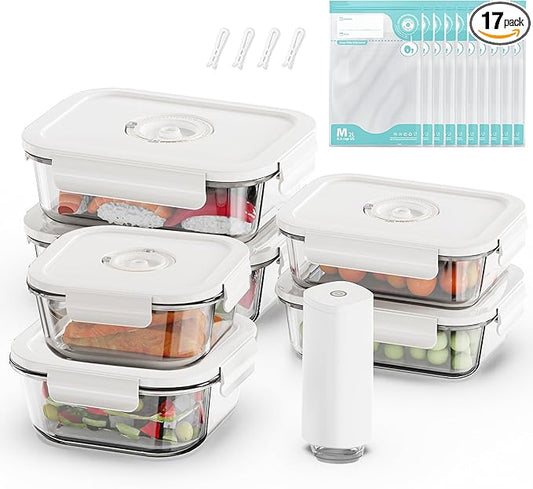 Vacuum Seal Glass Food Storage Containers, 6pcs Containerswith 10pcs Sous Vide Bags/ 1pc Automatic Pump, Meal Prep Container with Airtight Locking Lids for Lunch,Long-Lasting Freshness