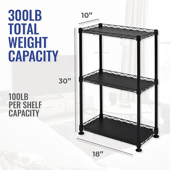 SafeRacks - NSF Certified Storage Shelves, Zinc, Heavy Duty Steel Wire Unit with Adjustable Feet, Garage or Bakers Rack, Kitchen, Pantry Shelf - (18"x10"x30" 3-Tier) (Black)