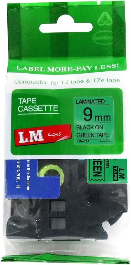 1/Pack LM Tapes - LMe721 Premium 3/8" Black Print on Green Label Compatible with P-Touch TZe-721 Tape and Includes Tape Color/Size Guide. Replaces TZ-721 9mm 0.35 Laminated.