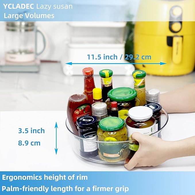 YCLADEC 2 Pack Lazy Susan 11.5" Inch Turntable Organizer Organization Storage Container Bins Spice Rack Cabinet Rotating Condiment for Pantry Countertop Kitchen Vanity Bathroom Jewelry Holder Clear