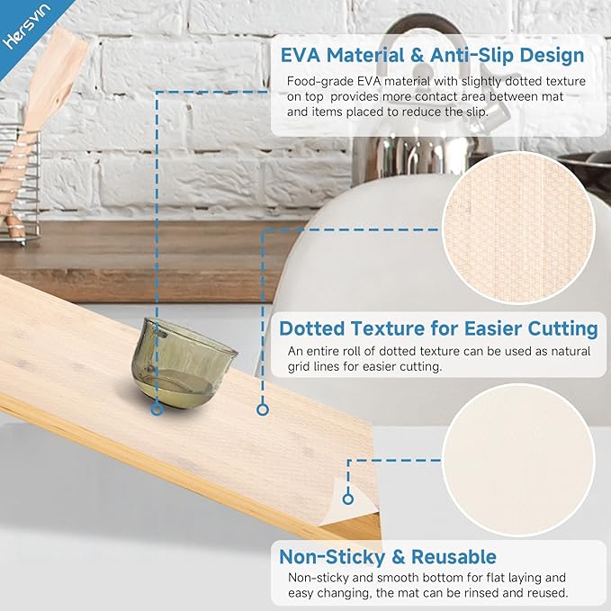 Hersvin Shelf Liners 22 in x 20 ft EVA Drawer Mats, Non-Adhesive Cupboard Protector, Kitchen Cabinet Lining Fridge Liner (Clear Flat Dot, 56x610cm)