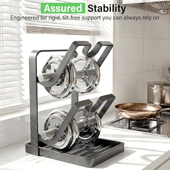Heavy-Duty Pot Lid Organizer Rack with Removable Drip Tray – 2-in-1 Kitchen Storage for Lids & Utensils, Sturdy Countertop Lid Holder for Stove Top, Gray