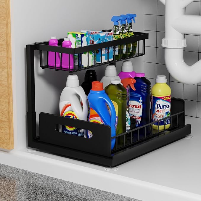 Lxmons 2-Tier Under Sink Slide Out Organizer, Pull Out Cabinet Storage Shelf with Sliding Wire Basket Drawer for Bathroom Kitchen, Countertop or Pantry Shelf, Black