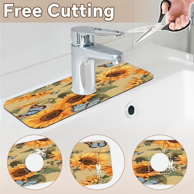 Sunflower Butterfly Pattern Kitchen Faucet Mat Splash Guard, 15.4”x5.7” Absorbent Quick Drying Sink Mat for Countertop Protection, Draining Mat Sink Protectors For Kitchen Bathroom, 2 Pack