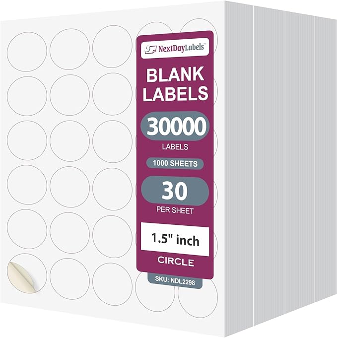 NextDayLabels 1.5 Inch Round Circle Stickers White Blank Labels for Laser Inkjet Printer - 30 Per Sheet Self-Adhesive Jar Candle Product Made in USA - 30,000 Labels