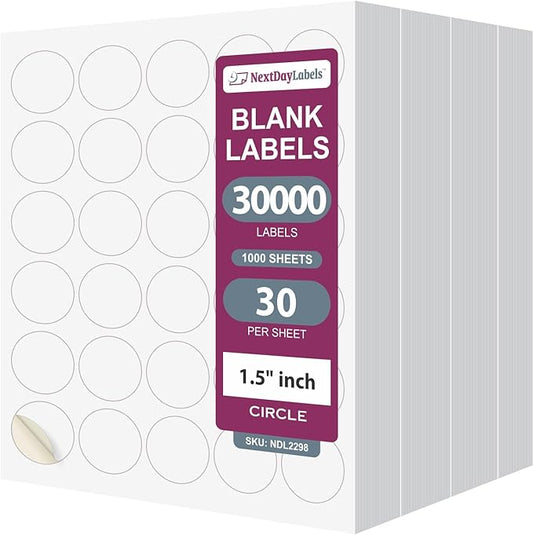 NextDayLabels 1.5 Inch Round Circle Stickers White Blank Labels for Laser Inkjet Printer - 30 Per Sheet Self-Adhesive Jar Candle Product Made in USA - 30,000 Labels
