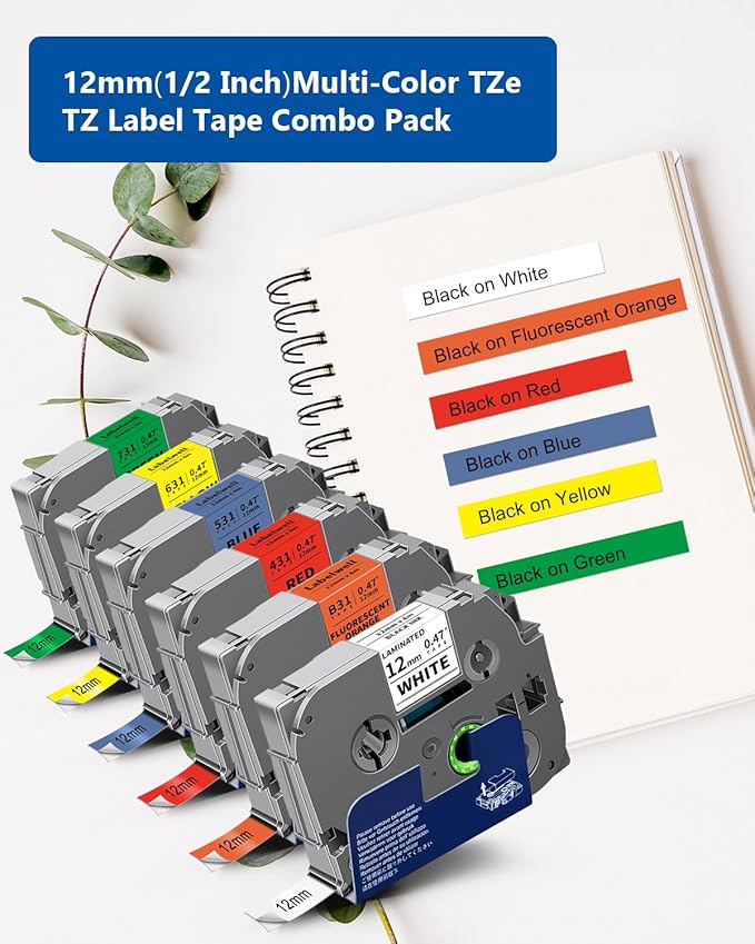 Labelwell 6-Pack TZ Tape 12mm 0.47 Laminated Compatible for P Touch Label Tape TZ TZe-B31 231 131 431 531 631 TZe231 for PTouch PT-H110 D210 D220 H103W, Flu.Orange/White/Red/Blue/Yellow/Green